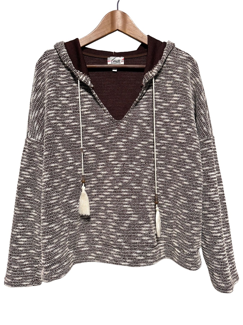 Lava Marled Hooded Pullover Sweater Tassel Drawstring Boho L